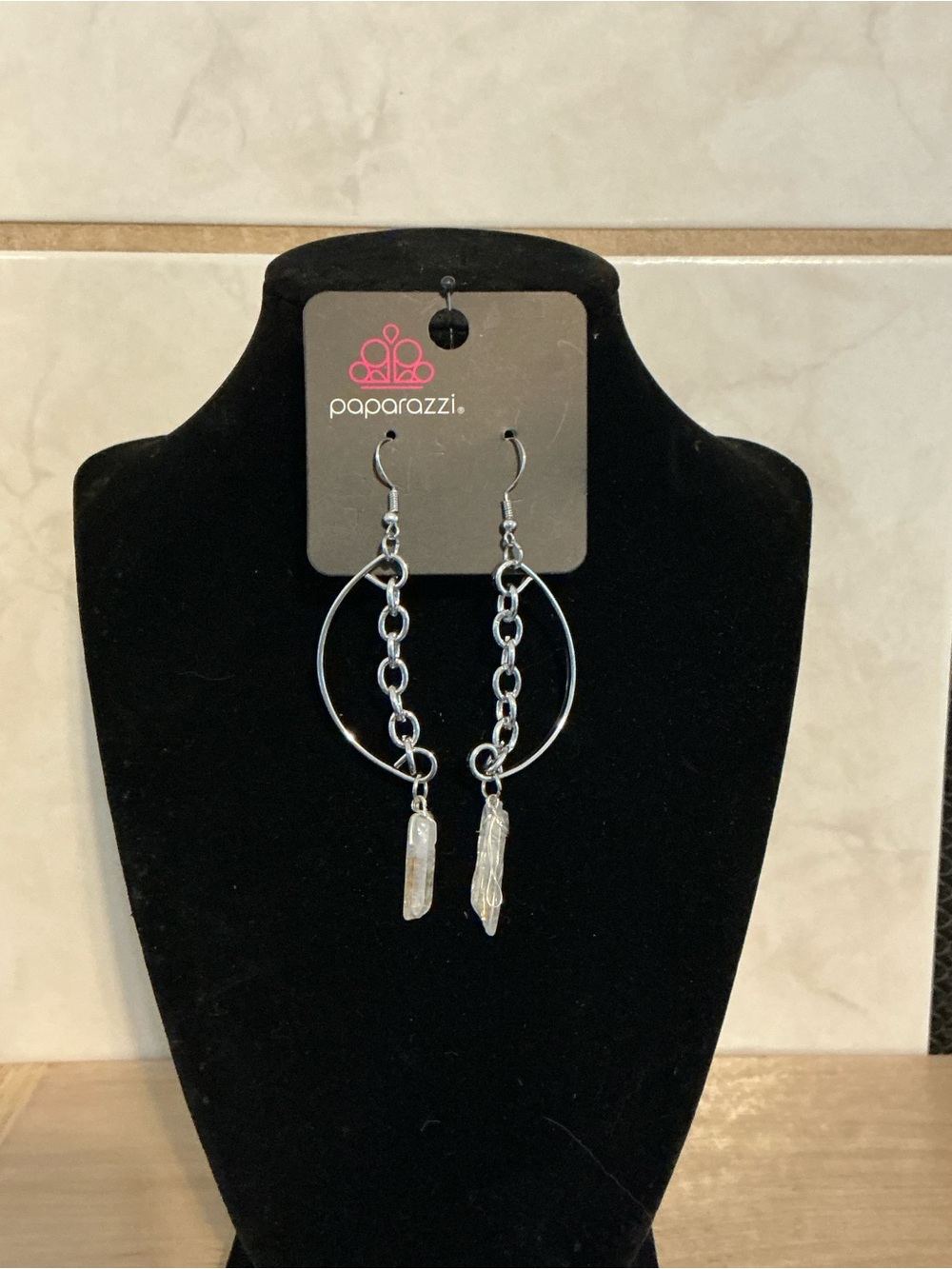 Paparazzi Silver Hoop Chain Earrings with Clear Crystal Dangles